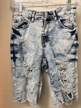 Distressed Light Acid-Wash Denim Cutoff Shorts